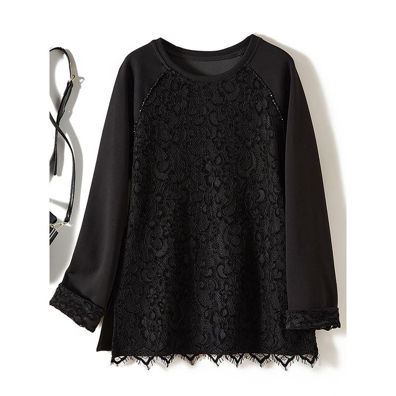 Artistic Style Female Fake Two-Piece Ponte De Roma Long Sleeves Raglan Sleeve Cocoon Shaped Slim Looking T-shirt Thickness Lace Attached New Outwear