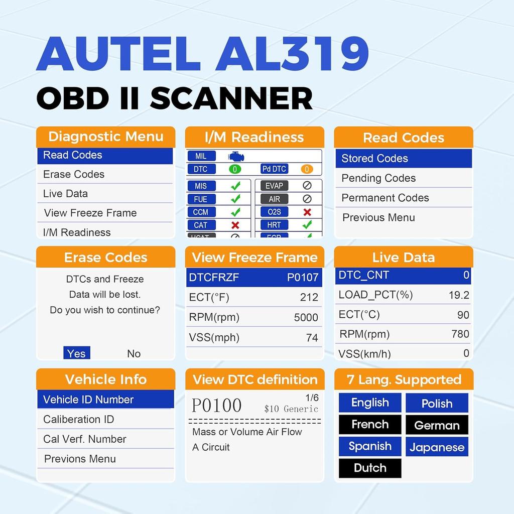Autel Профессиональный OBD2 сканер AL319 Считыватель кодов, Расширенная проверка и сброс кодов неисправностей двигателя, Данные в реальном времени, Стоп-кадр, CAN Инструменты диагностики автомобиля