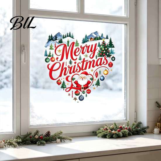 Holiday Glass Clings Merry Christmas Window Cling, Heart Shaped Sticker with Santa Claus Xmas Creative Home Accents Tree Balls, Winter Static
