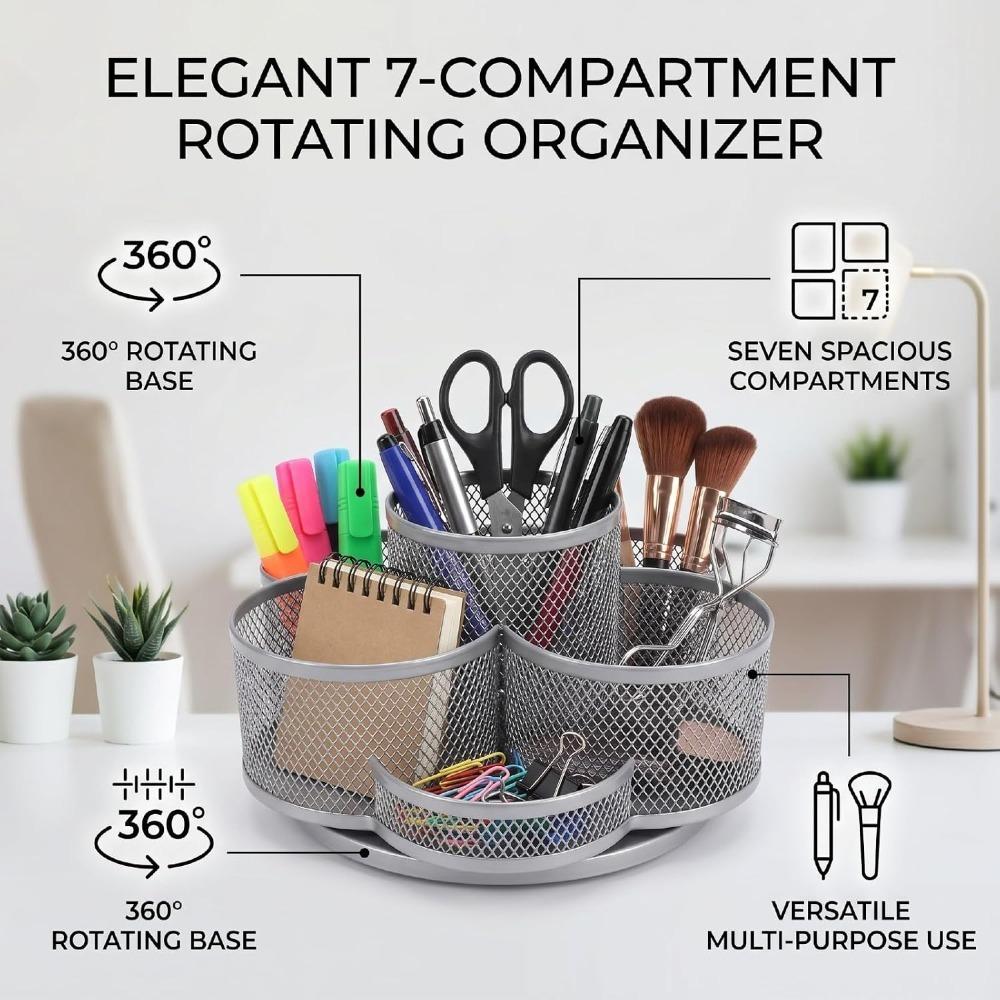 Mesh Rotating Pen Holder Multi Grid Desk Storage Bucket Craft Supplies Storage