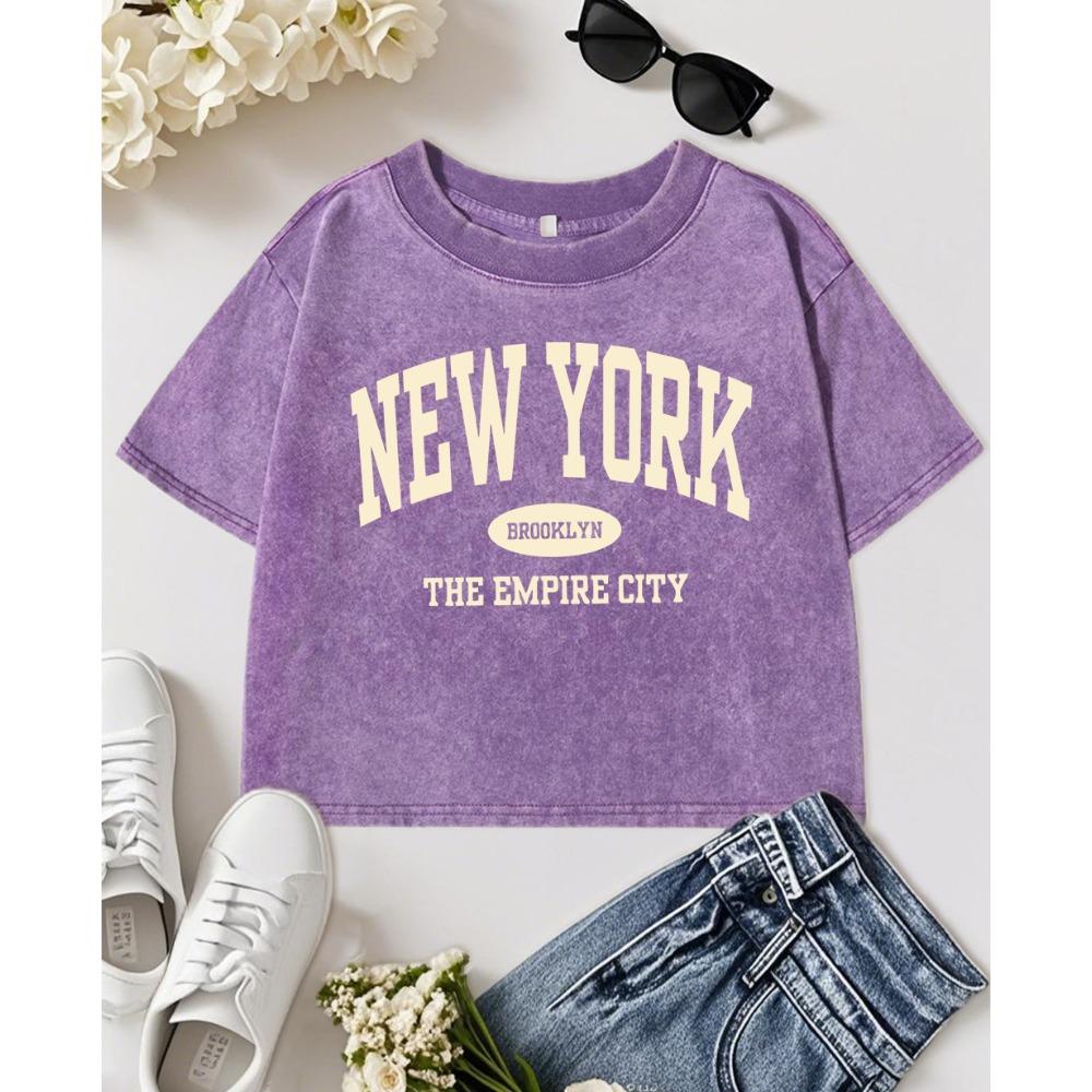 New York City Brooklyn Creative Letter Print Washed Crop T-Shirt Women Slim Tops Fitness T Shirts Cotton O-Neck T Shirt