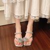 Beautiful flower set toe slippers female summer rhinestone with toe sandals thick heel fairy with skirt sandals