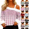 Women's Off-the-shoulder Plush Neck Printed Long-sleeved Pullover T-shirt Top