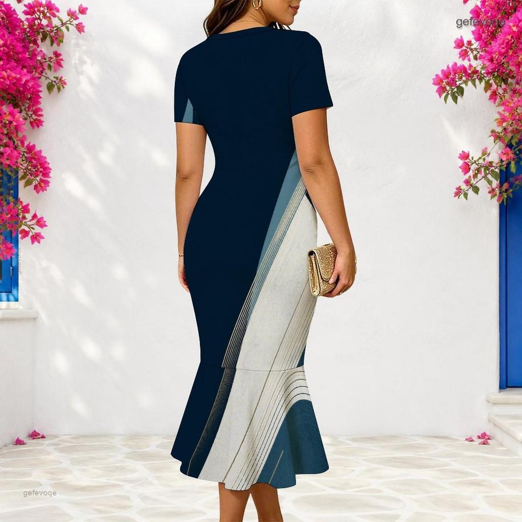 Women Plus Size V Neck Short Sleeve Geometric Printed Fitted Fishtail Dress