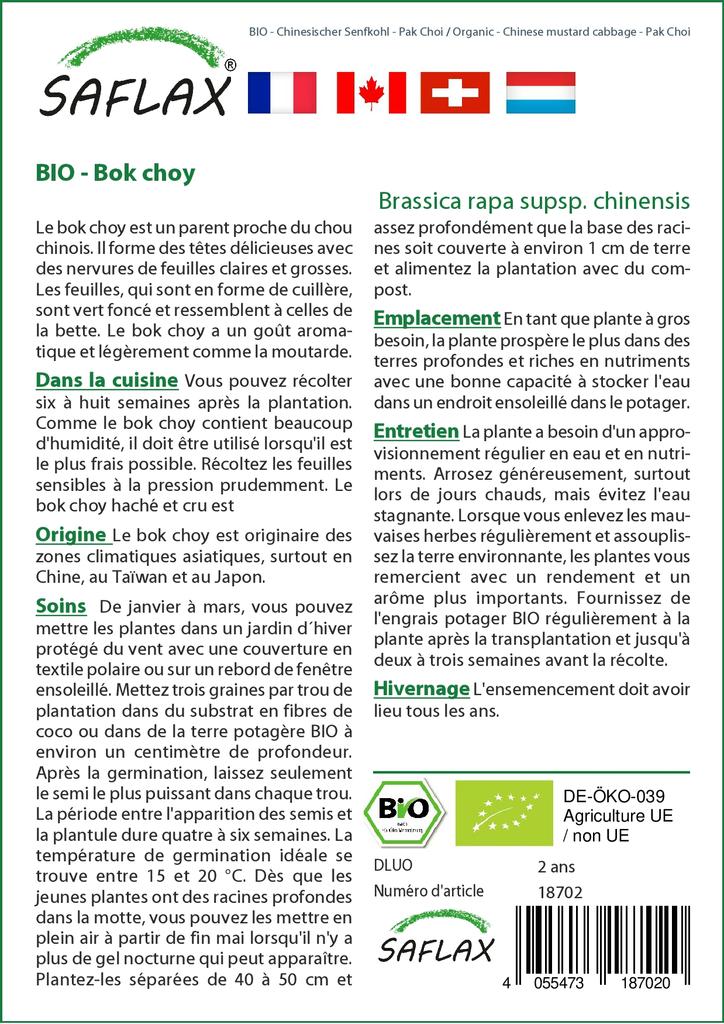SAFLAX Garden in the Bag - Органическая - Китайская горчичная капуста - Пак Чой - 300 семян - С субстратом в подходящем стоячем пакете - Brassica rapa