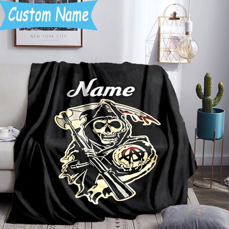1PC Custom Name Biker Club Anarchy Throws Blanket Flannel Blankets for Couch Bed Gifts for Men Women Travel Picnic Christmas fan Gifts