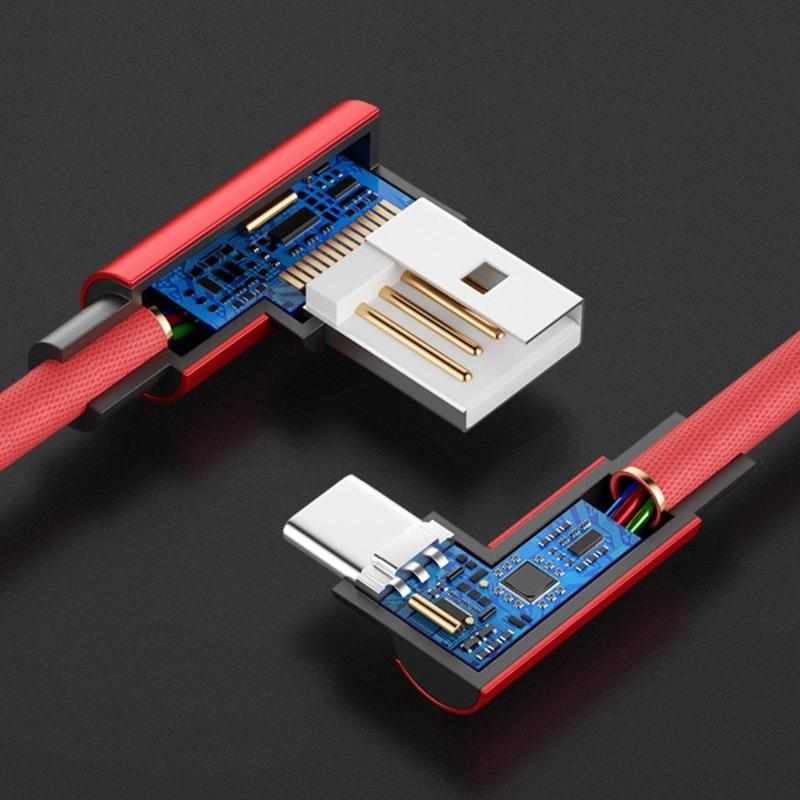 Кабель для передачи данных Type-C с двойным изгибом на концах и тканевой оплеткой для прочности, 90-градусный изгиб для телефонов и электроники