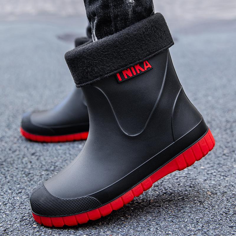 Мужские резиновые сапоги нескользящие средние бархатные теплые резиновые сапоги модные износостойкие резиновые сапоги комплект водонепроницаемые для рыбалки на открытом воздухе водные туфли