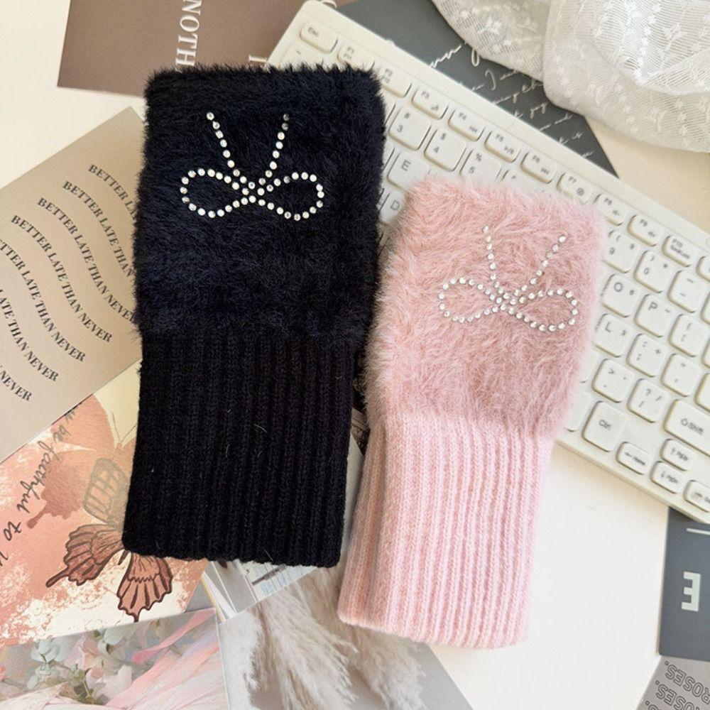 Hotfix Rhinestone Knitted Gloves Plush Half Finger Mittens Soft Bow Gloves Cycling