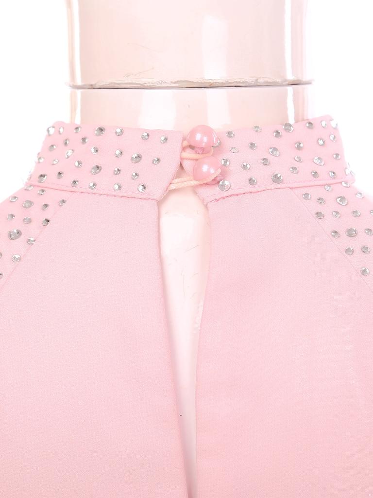 Girls Elegant Party Gown Halter Off Shoulder Long Sleeve High Waist Ruffled Irregular Hem Fake Diamond Design Dress