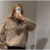 Vintage Women's Suede Bomber Jacket Loose Stand Collar Zipper Pockets Long Sleeve Female Coat 2025 Autumn Lady Casual Streetwear