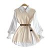 3Pcs/Set Women Shirt Vest Set Lapel Lantern Long Sleeve Single Breasted Shirt O-neck Side Slit Knitting Vest Set with Belt