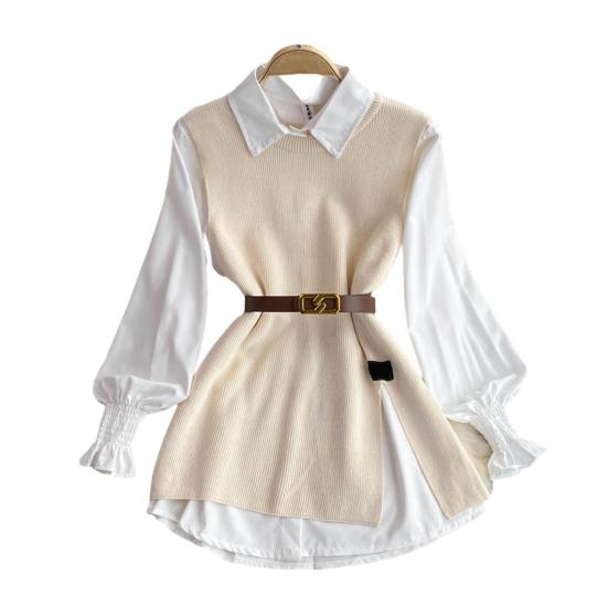 3Pcs/Set Women Shirt Vest Set Lapel Lantern Long Sleeve Single Breasted Shirt O-neck Side Slit Knitting Vest Set with Belt