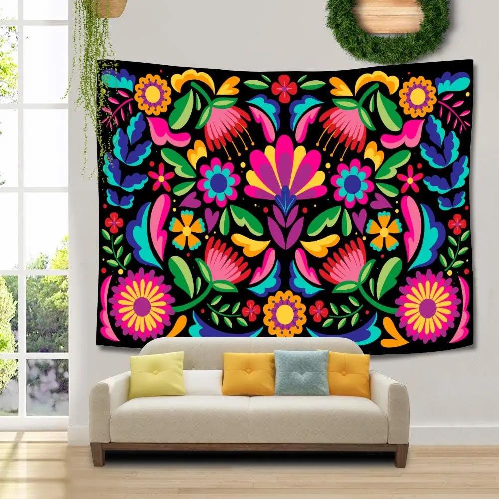 Mexican Tapestry Colorful Mexican Floral Embroidery Style Art Wall Hanging for Bedroom Living Room