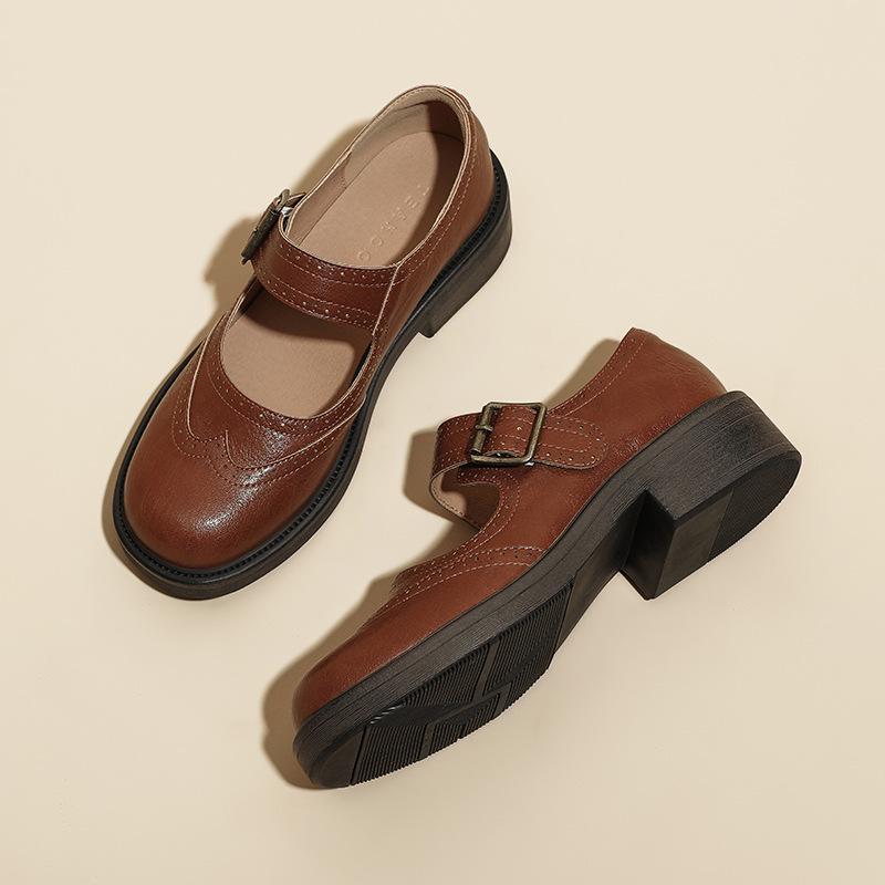 Женские туфли-броги «Мэри Джейн» в стиле ретро — круглый носок, толстый каблук, неглубокая горловина, идеально подходят для осени и зимы.