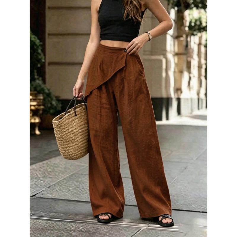 Women Irregular Design Loose Solid Linen Blend Wide Leg Casual Pants