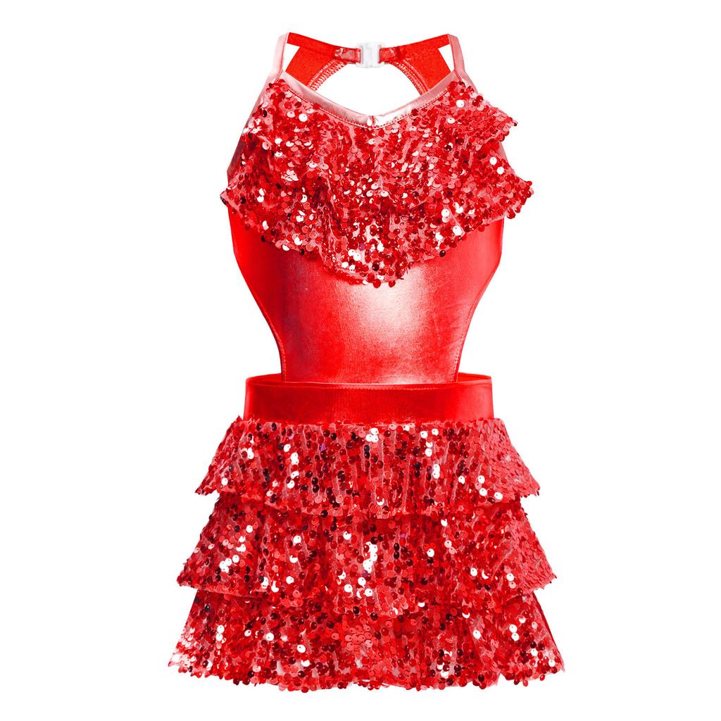Girls Tiered Ruffle Sequins Dance Dress V Neck Sleeveless Cutout Metallic Design Stage Performance Gown