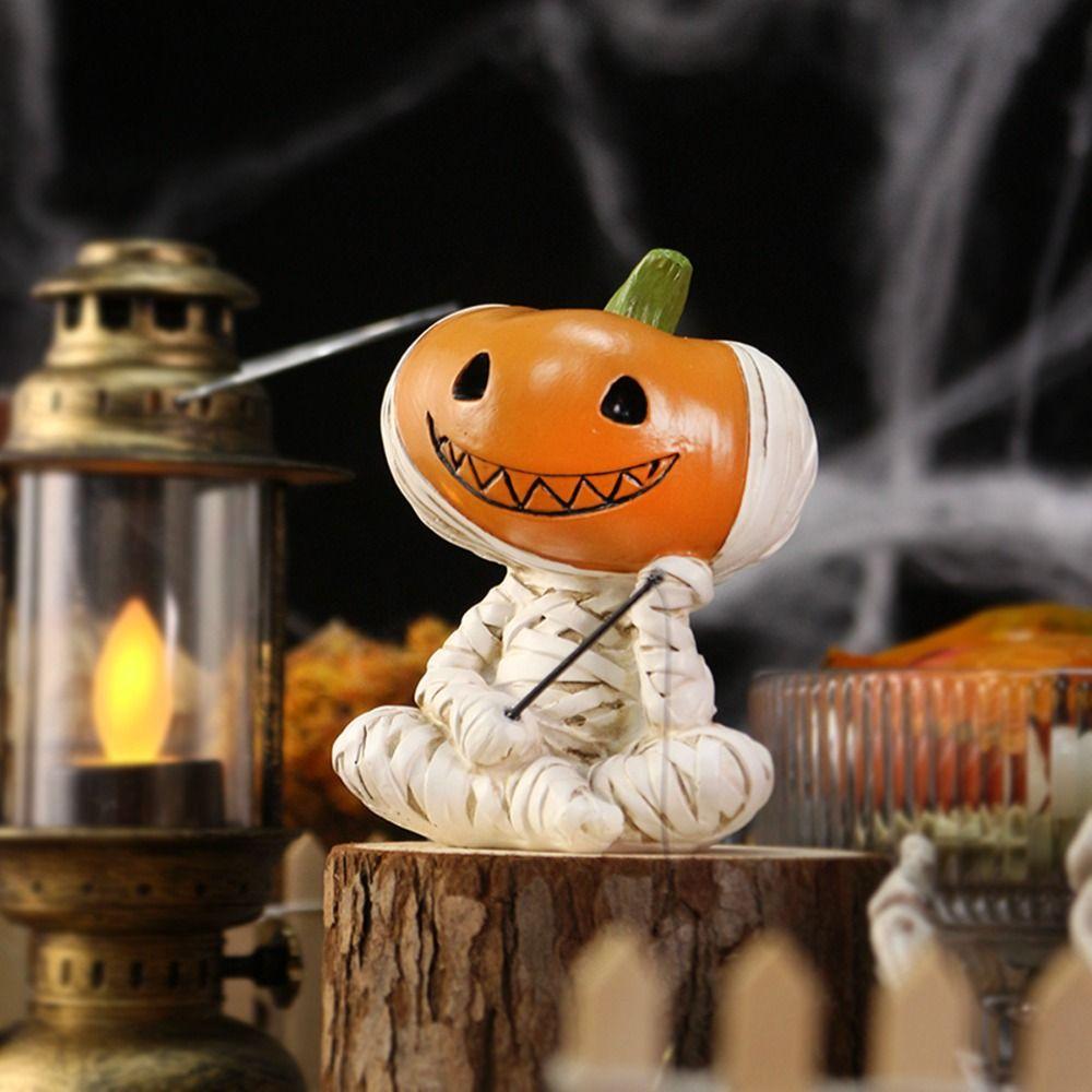 Cartoon Pumpkin Scarecrow Fishing Statue Resin Miniatures Figurine Pumpkin Elf Sculpture Balcony