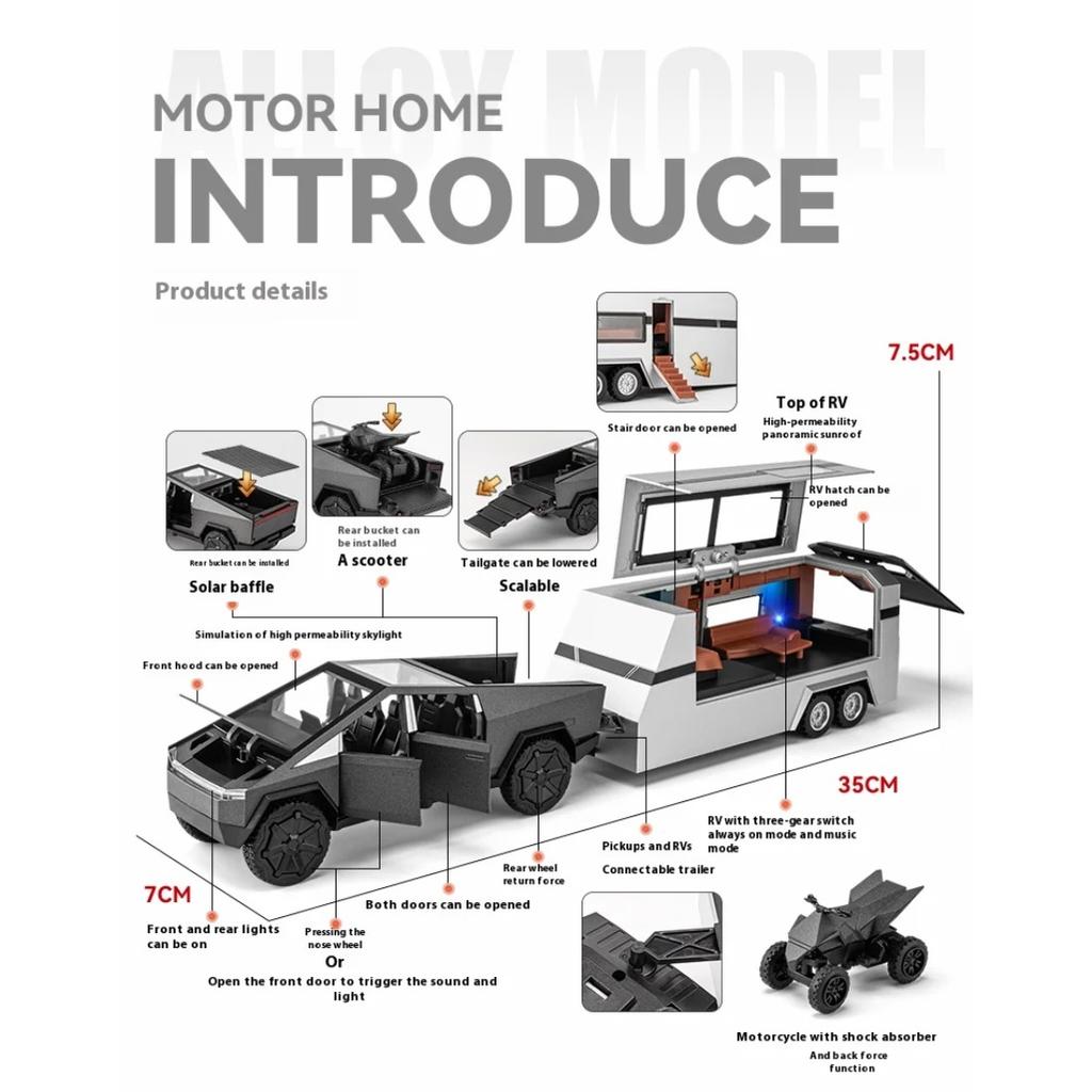 Масштаб 1/32 Пикап Tesla Cybertruck Прицеп RV Металлический сплав Игрушки Модель автомобиля Литой под давлением Внедорожник Подарок для мальчиков детей Коллекция Украшения для грузовика