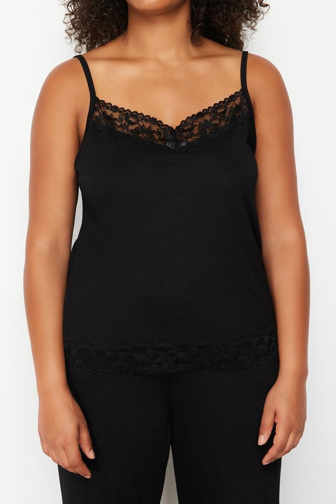 Women's Fashion New Plus Big Size Pajama Set Black Lace Detailed Knitted Pajama Set