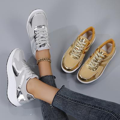 35-42 Золотистые/серебристые Большого размера Женские Рокеры на толстой подошве с сетчатыми Повседневными спортивными туфлями