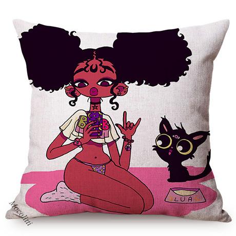 Cute Africa Girl Cushion Cover Fashion Black Woman Swimwear Show Cartoon Sofa Decoration Cotton Linen Chair Pillow Case Cojines
