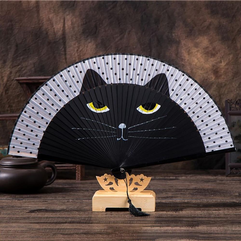 Quality Cartoon Bamboo Wooden Cat Patterns Handmade Silk Fan Fan Crafts Home Decoration Folding Fan