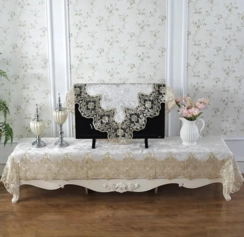 Luxury Gold Silver Velvet Embroidered Lace Tablecloth Rectangular Dining Table Cover Cabinet Dust Protector