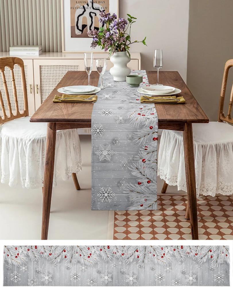 Christmas Silver Fir Leaves Snowflakes Wood Grain Linen Table Runners Kitchen Decoration Table Runner Festival Party Supplies