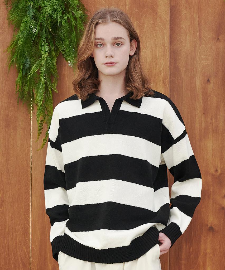 BLOND9 Striped Open Collar Pullover Knit_Black