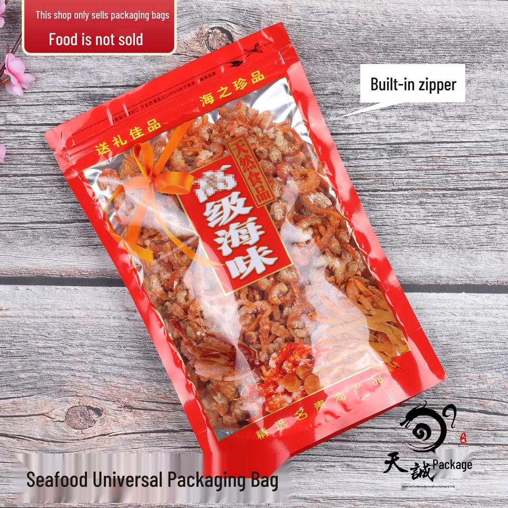Самостоящий пакет на молнии для сушеных морепродуктов: Креветки, Кальмары, Морские гребешки, Каракатицы