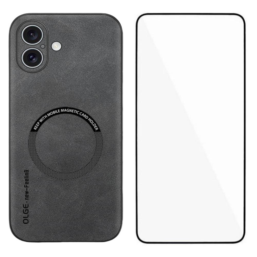 For iPhone 16 Magnetic Case with Tempered Glass Film PU Leather+TPU Phone Cover Precise Cutouts