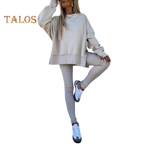 2 шт./комплект женский топ брюки костюм круглый вырез длинный рукав асимметричный подол толстовка эластичный пояс однотонные брюки зимний повседневный спортивный костюм