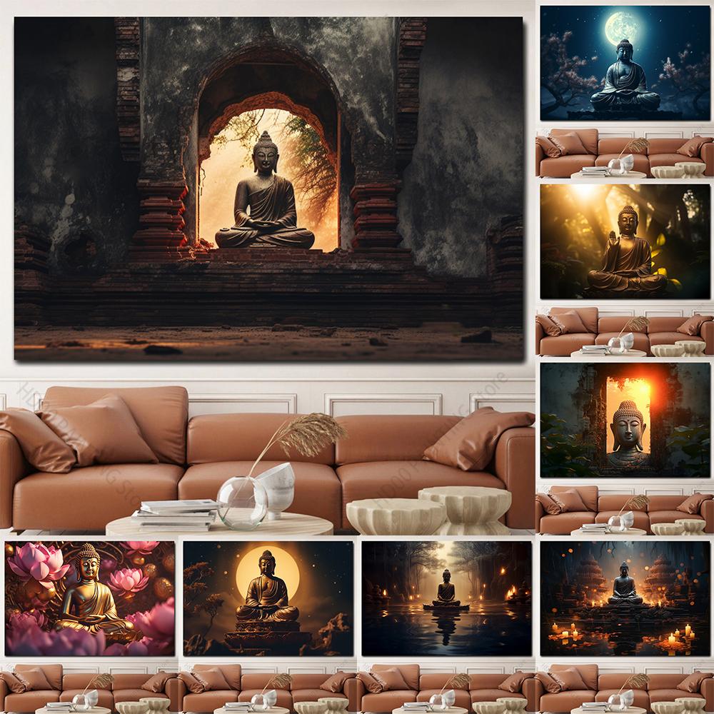 Buddha Statue Canvas Painting Buddah Statue and Candles Posters and Prints for Living Room Religious Wall Decor Unframe
