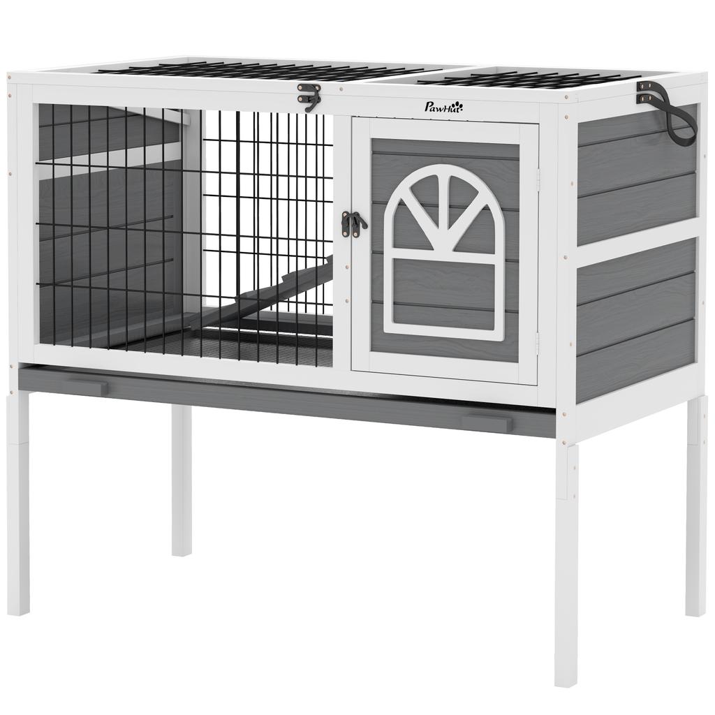Wooden Rabbit Hutch, Guinea Pig Cage, with Removable Tray, Openable Roof, Grey