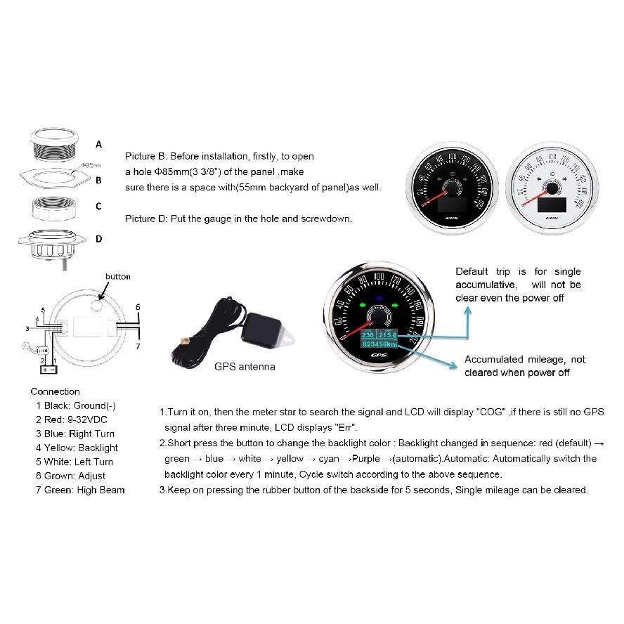 7 Color Backlight GPS Speed Gauge 85mm Speedometer With GPS Antenna Speed Indicator For Motorcycle Marine Boat Car Waterproof