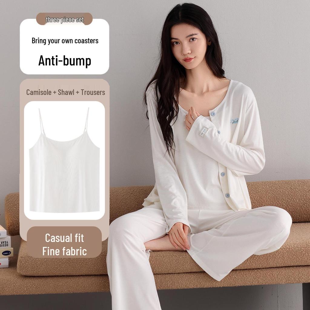 Women's Antibacterial U-Knit Pajama Set: Camisole, Long Sleeve Top, Long Pants - Spring & Autumn Casual Homewear 3-Piece