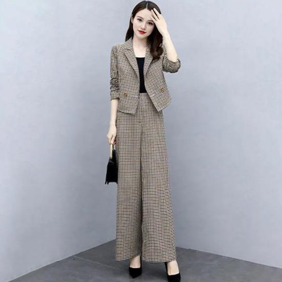 2 Pcs/Set Women Coat Pants Set Lapel Buttons Cardigan Plaid Print Long Sleeve Jacket Wide Leg High Waist Straight Trousers Lady Formal Commute Outfit