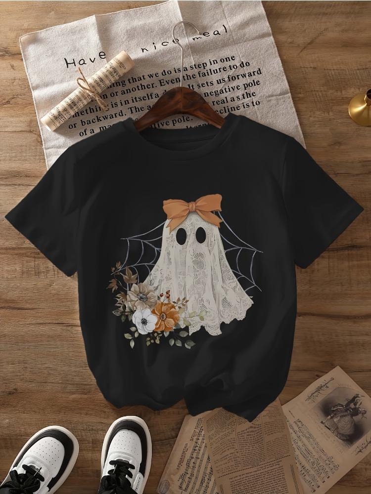 Women's Halloween Lace Ghost T-Shirt Casual Round Neck Short Sleeve Top Summer and Spring Knit Face Fashion Cotton Clothing