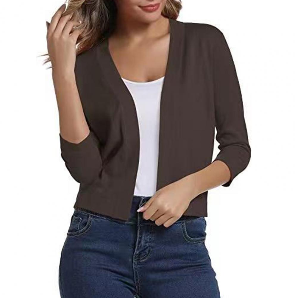 Женский вязаный кардиган без воротника с рукавом 3/4, короткая вязаная куртка, однотонная, открытая строчка, вязаная верхняя одежда