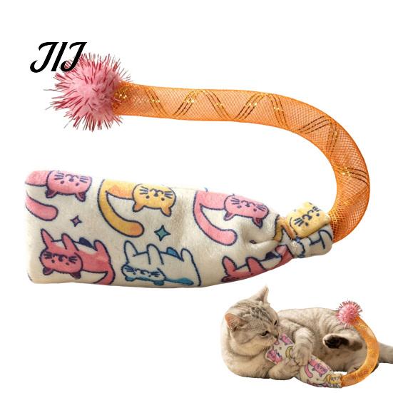 Safe Chewing Toys for Teething Kittens Mesh Tube Cat Toy, Crinkle Plush Pouch with Tinsel Pom Pom, Engagement Active Cats Interactive Stretchable Toy