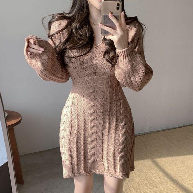 Осень-зима вязаное трикотажное платье-свитер женское винтажное повседневное однотонное тонкое мини-короткое платье с запахом и длинным рукавом вечерние