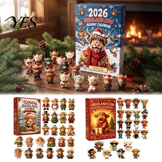 Creative Holiday Gifts 24 Days 3D Highland Cow Advent Calendar 2026, Christmas Countdown Cute Desk Figurines with Farm Cattle Mini for Ornaments