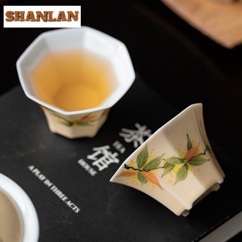 2pc/lot Hand Painted Osmanthus Octagon Teacup Aesthetic Tea Bowl Jug Tea-tasting Meditation Cup Jianzhan Master Cup Teaset 45ml