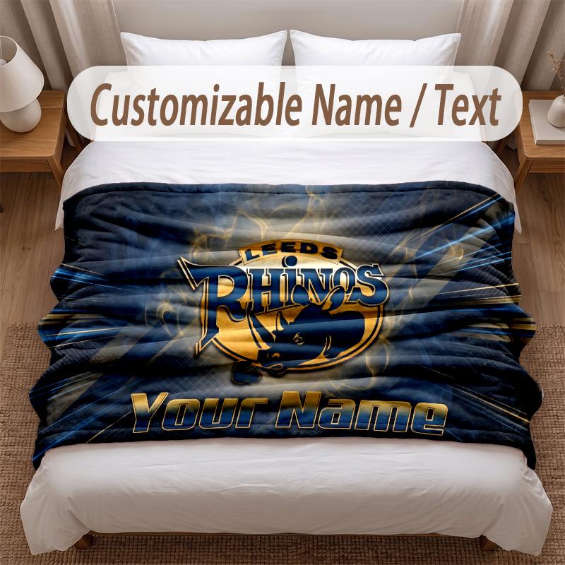 Leeds Rhinos Printed Flannel Blanket Custom Name Text Soft Warm Throw For Bedroom Holiday Gift