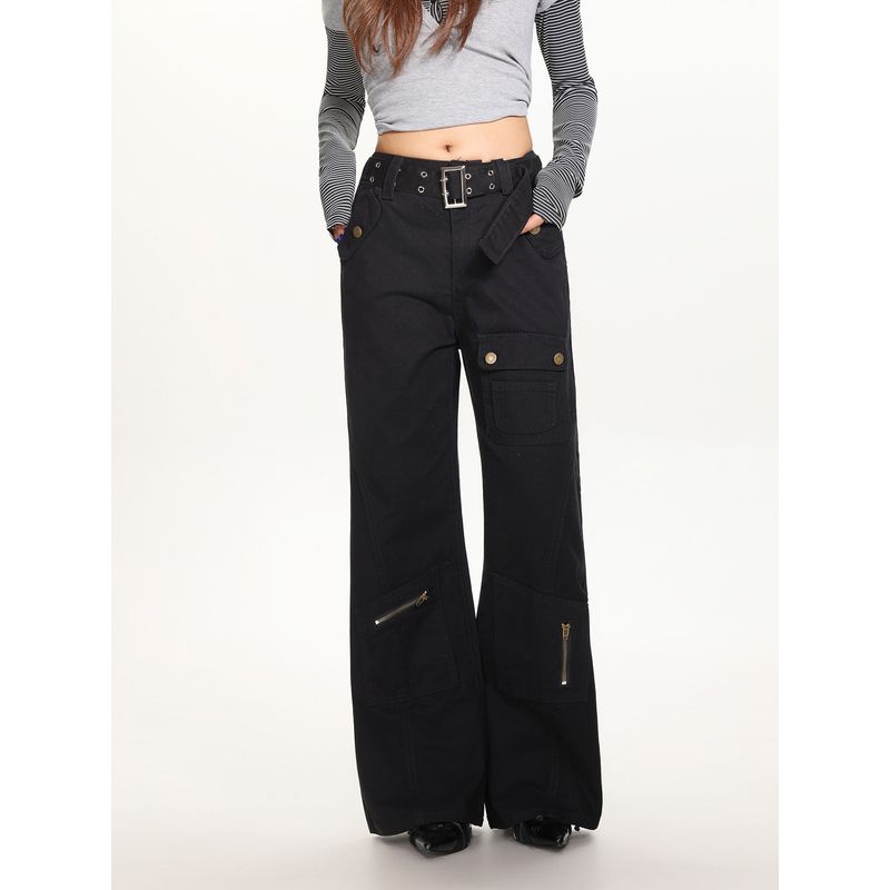 Straight-Leg Flared Pants for Women, Autumn and Winter Black Patchwork Slimming Cargo Pants, High-Waisted Slightly Flared Pants for Trendy Girls