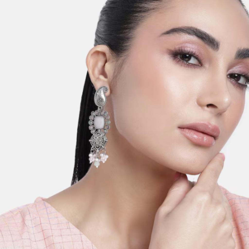 Oxidised Silver Polish Earrings, Silver Pearl Jewelry, Handmade Earring, Women Fashion Earrings