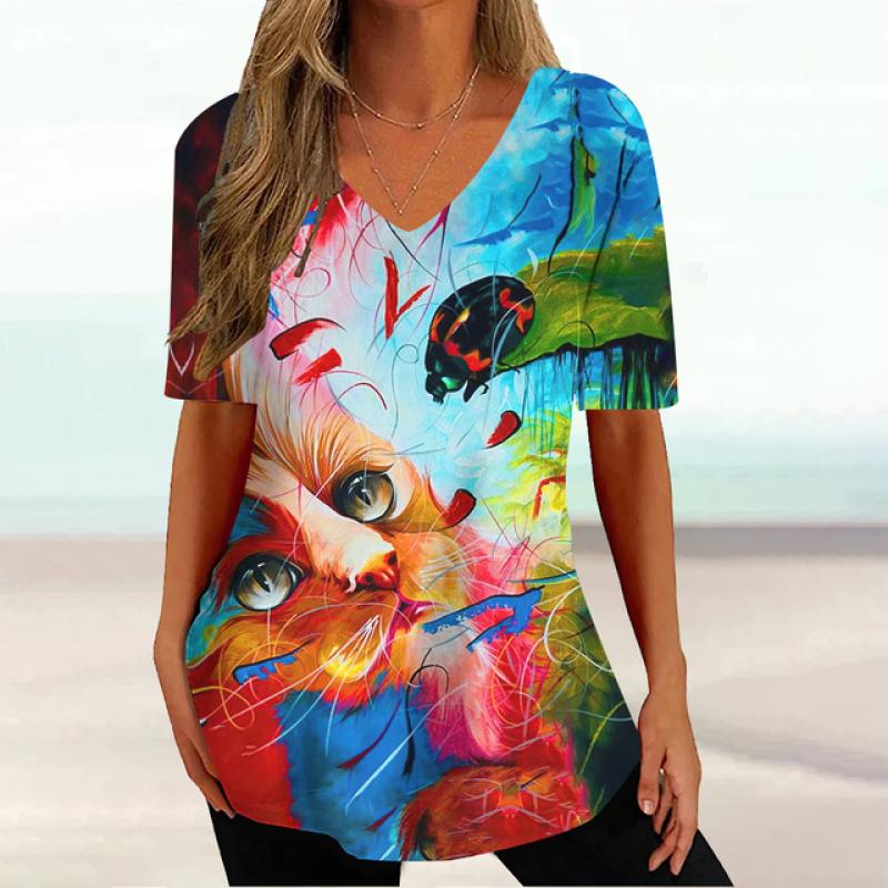 2023 модная женская одежда, топы с короткими рукавами и 3d цветным принтом кошки, повседневные уличные пуловеры, летние женские футболки больших размеров