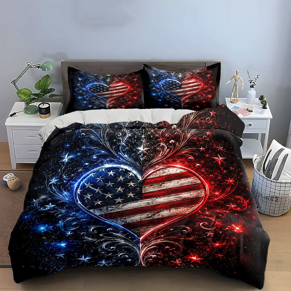 Heart-Shaped US Flag Design Bedding Duvet Cover Set Duvet Cover Pillowcases (1*Duvet Cover 2*Pillowcases, without duvet insert)