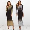 Elegant Long Dresses with Long Sleeves and Gradient Sequins Plus Size Evening Dresses Slim Fit Round Neck Mermaid with Gold Stamped